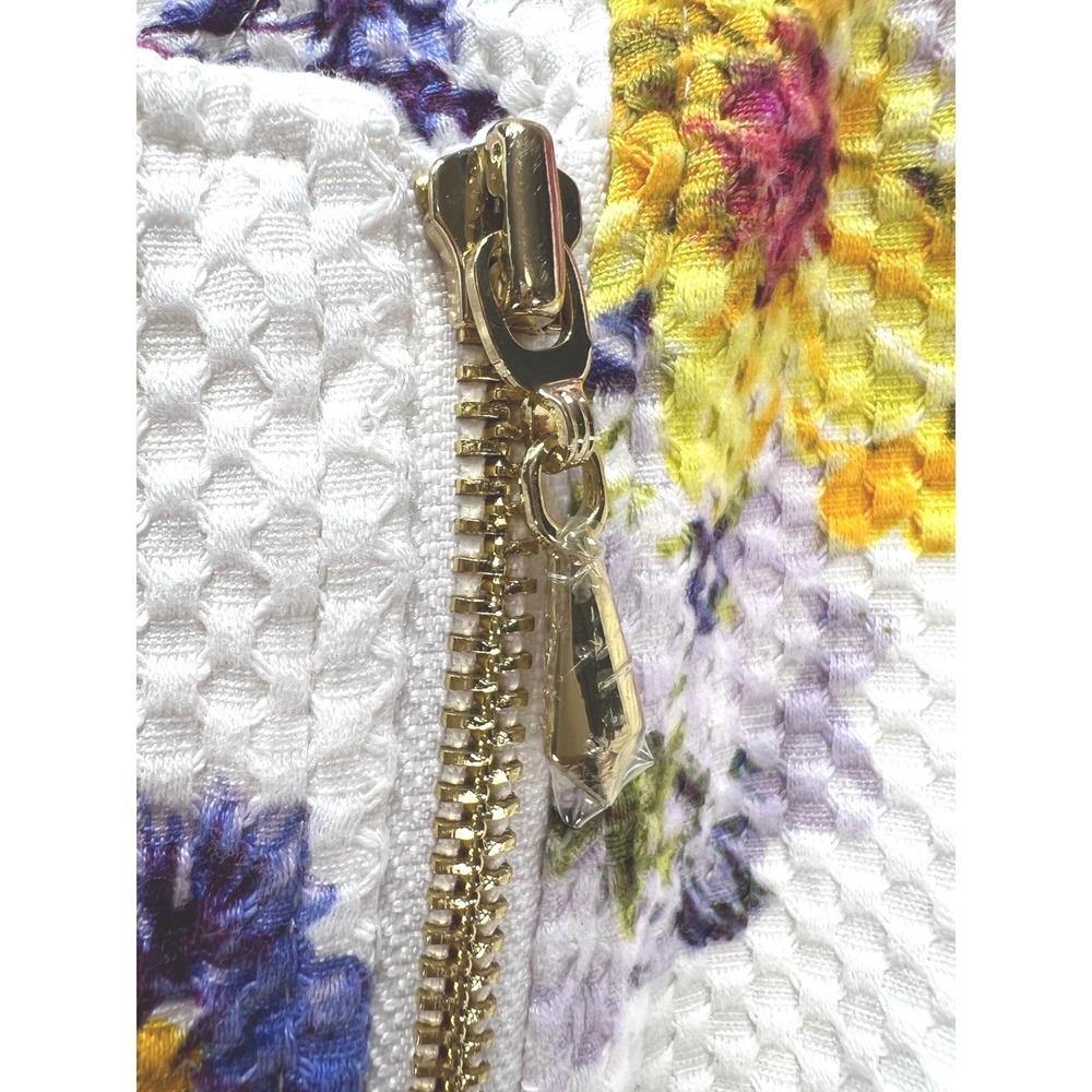 Susan Graver Floral Moto Jacket White Textured Waffle Knit Asymmetric Zip Size 6 - Picture 4 of 15